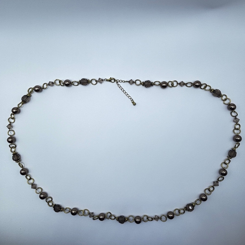 Sonoma Brown Faux Pearl Smoky Glass Bead Gold Tone Station Necklace 32 Inch
